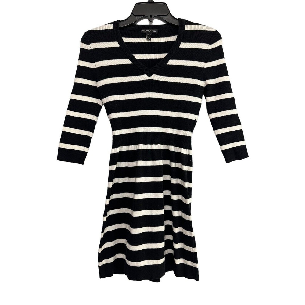 Mango Basics Womens Fit Flare Sweater Dress Sz M Black White‎ Stretch 3/4 Sleeve